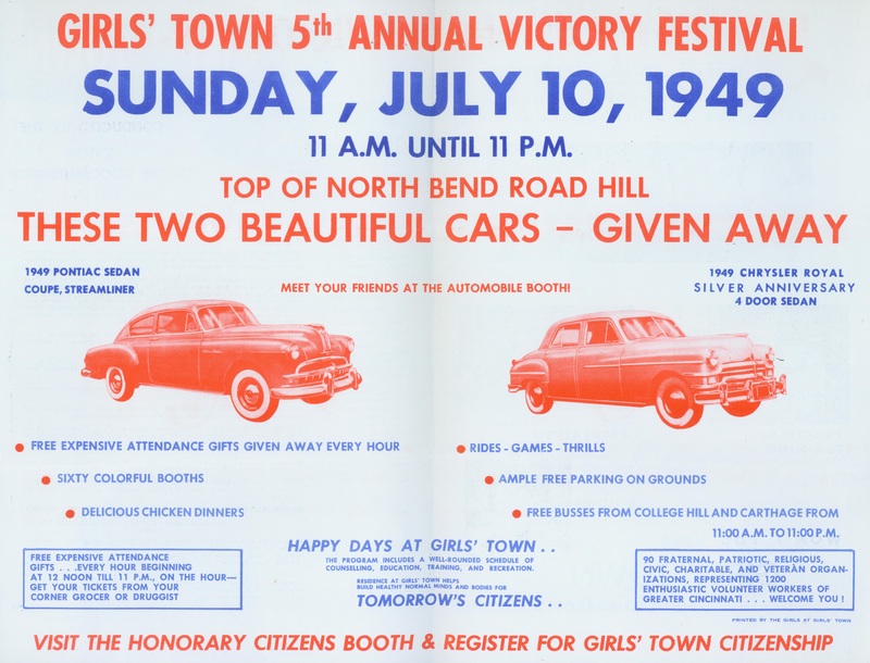 Printed flyer advertising Girls' Town 5th Annual Victory Festival, Sunday, July 10, 1949