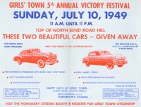 Printed flyer advertising Girls' Town 5th Annual Victory Festival, Sunday, July 10, 1949