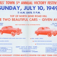 Printed flyer advertising Girls' Town 5th Annual Victory Festival, Sunday, July 10, 1949